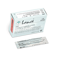 1 Box of Lance Dermaplaing Scalpel Blades with one single blade pouch laying out.