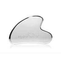 A stainless steel gau sha tool with the etched Hydropeptide logo on a white background