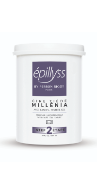 A white 20oz container of Epillyss Millenia Wax; with an purple label 