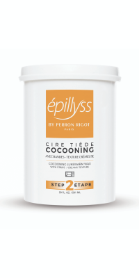 A white 20oz container of Epillyss Cocooning Wax; with an soft and light orange label 