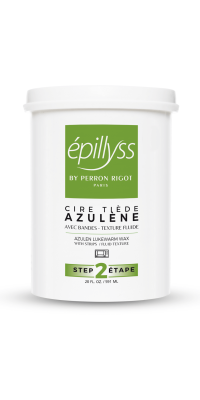 A white 20oz container of Epillyss Azulene Wax; with an apple green label 