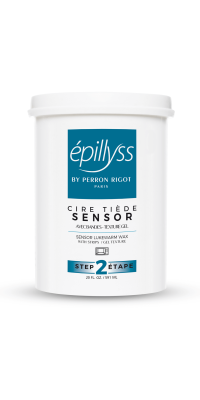 A white 20oz container of Epillyss Sensor Wax; with a deep teal blue label 