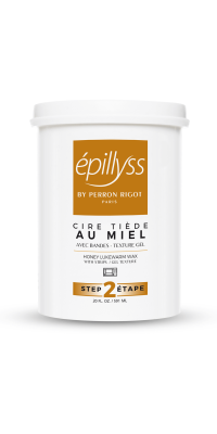 A white 20oz container of Epillyss Honey Wax; with an golden label 