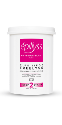 A white 20oz container of Epillyss Freelyss Wax; with a hot pink label 