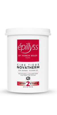 A white 20oz container of Epillyss NovaTherm Wax; with a red label 