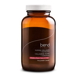 An amber bottle with white screw top lid with Bend Beauty's Marine Collagen + Co-Factors Powder